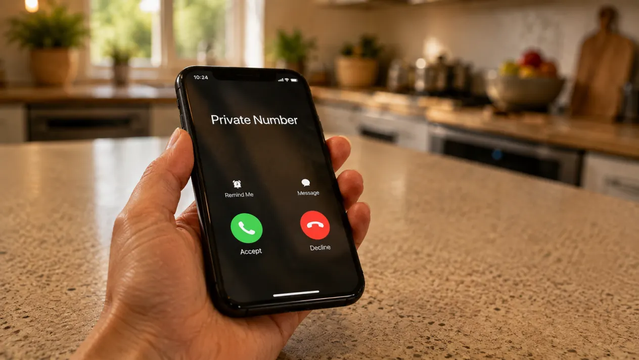 A phone on a kitchen bench showing an incoming call from a private number